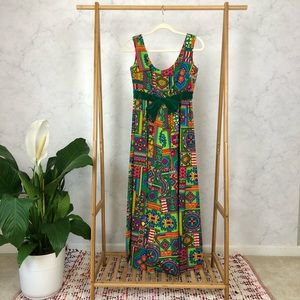Vintage 70s Patch Print Psychedelic Barkcloth Bow Prom Dress